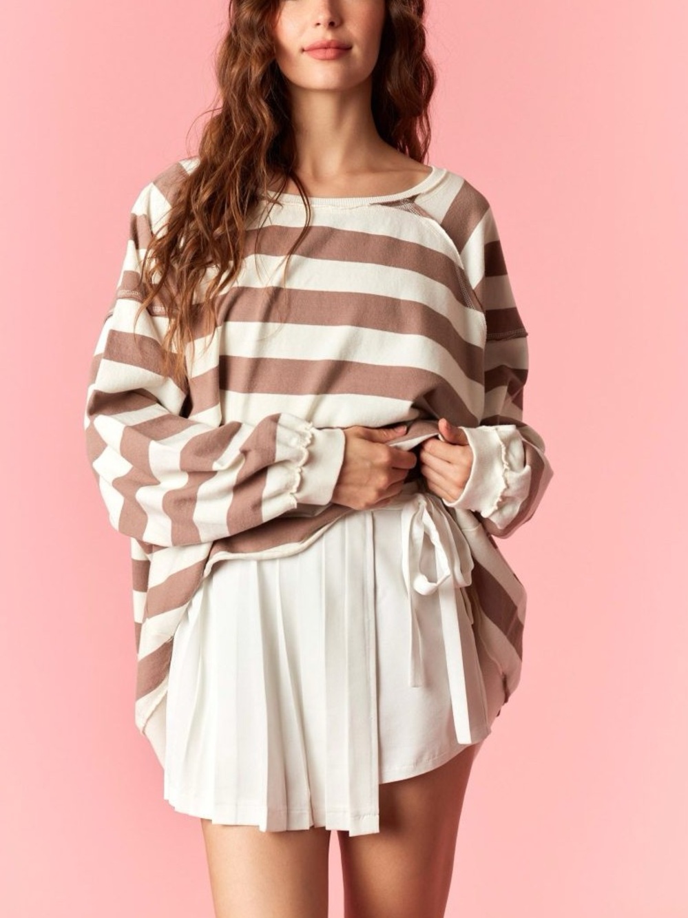 Boho Vibe Slouchy Oversized Bold Striped Mocha Brown and Off White Sweatshirt